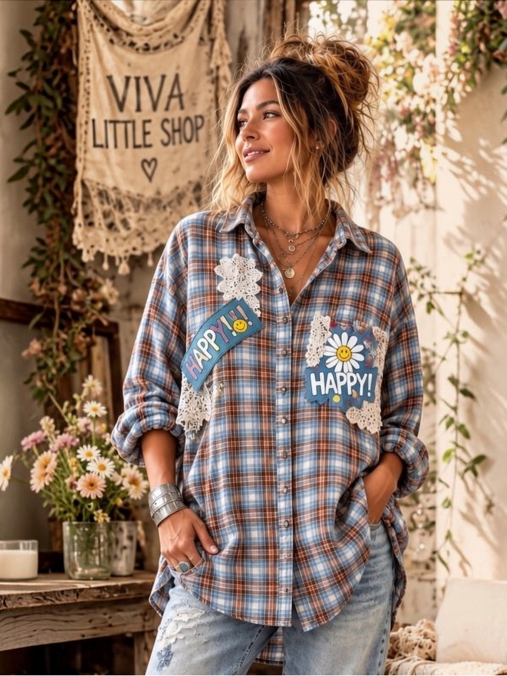 Handmade Boho Upcycled Plaid Shirt | Women’s XXL | Cottagecore • Whimsical • One - Picture 3 of 12